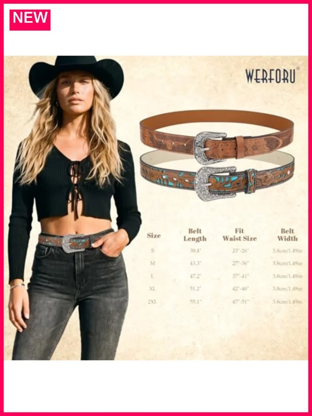 2 Pack Women Faux Leather Western Belts with Big Vintage Buckle